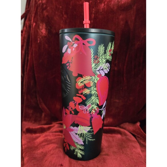 Starbucks 2021 Dark Green Metal Poinsettia Holiday Tumbler 16oz with Straw - Picture 2 of 4